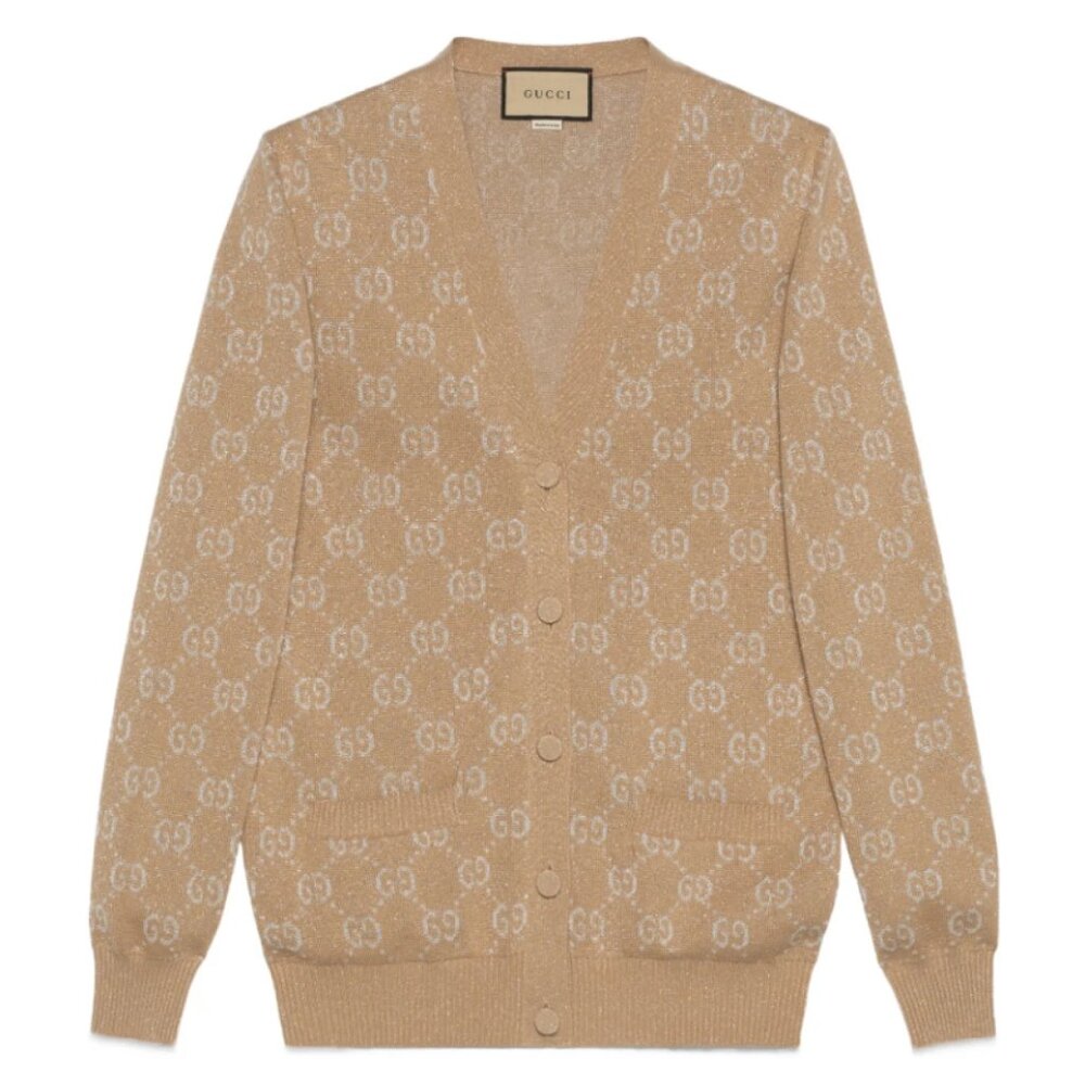 Gucci Lamé Gold GG Logo Jacquard Cardigan XL